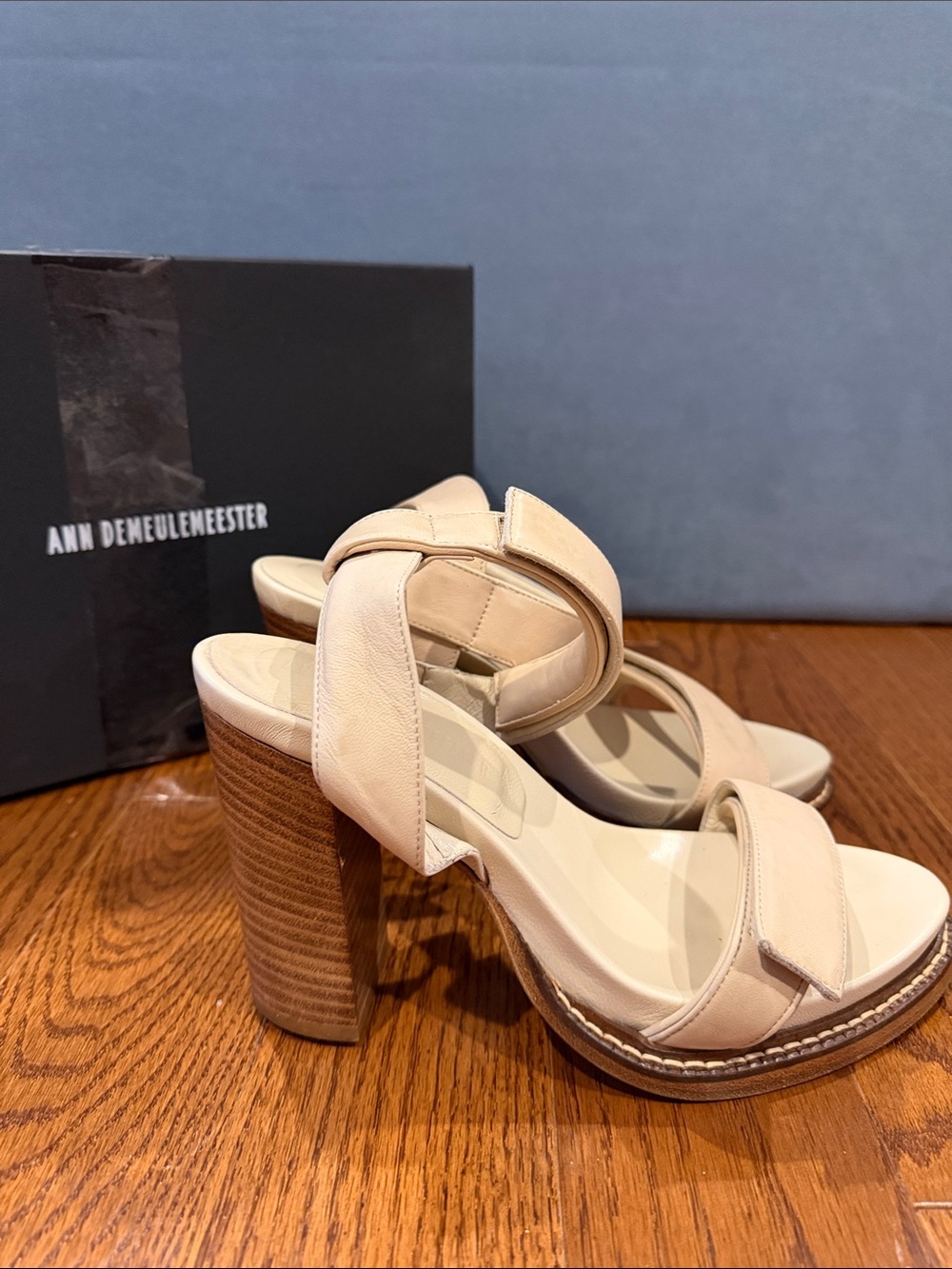 Ann Demeulemeester Nude Beige Leather Strappy Block Heel Sandals